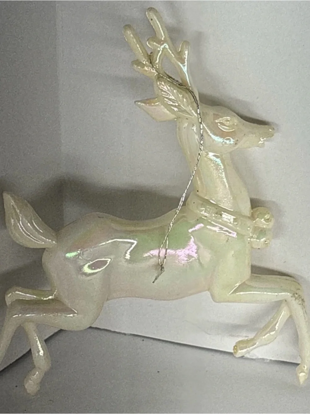Vintage Plastic White Iridescent‎ Reindeer Deer Christmas Ornament 4.5”